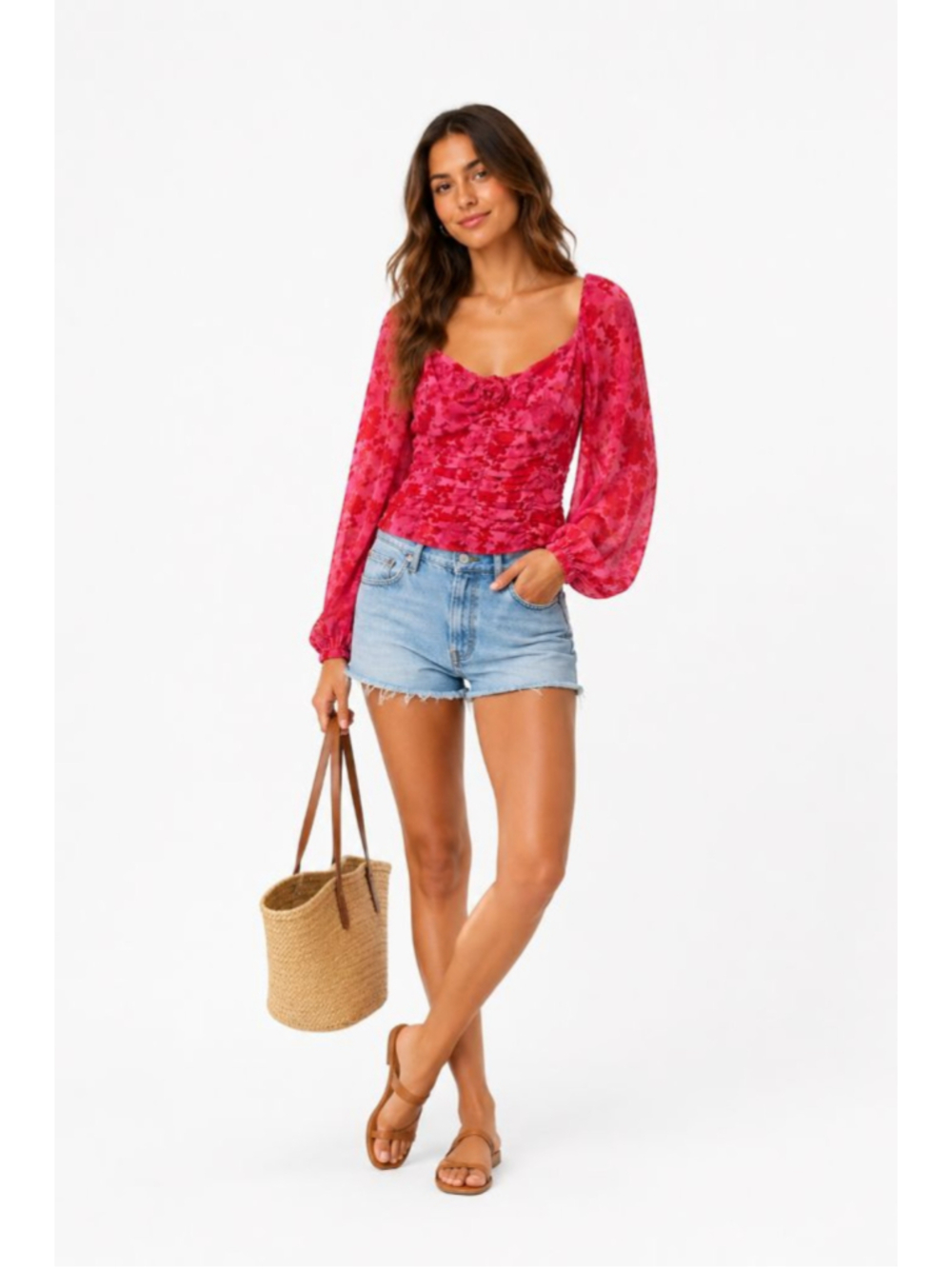 Free People Women's M Pink Red Floral Ruched Crop Top Smocked Back NWOT